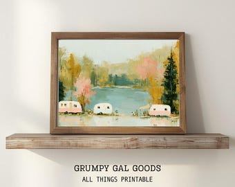 Arte de parede vintage rosa com trailer à beira do lago | Impressão de pintura retrô de acampamento em trailer | Decoração campestre em tons pastel | Pôster outonal encantador