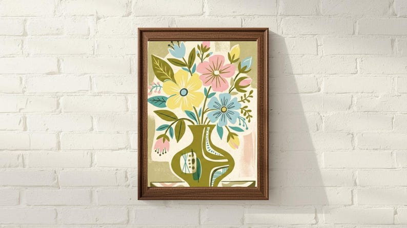 Peut inclure: Une impression d'art encadr&eacute;e repr&eacute;sentant un vase rempli de fleurs color&eacute;es. Les fleurs sont jaunes, roses et bleues, avec des feuilles vertes. Le vase est vert olive avec des d&eacute;tails blancs et bleus. Le cadre est marron fonc&eacute;.
