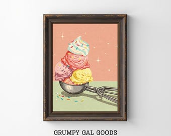 Stampa retrò Mid Century Modern con palline di gelato / Decorazione murale vintage per la cucina / Poster di dessert classici / Dessert Pop Art / Cucina Kitsch