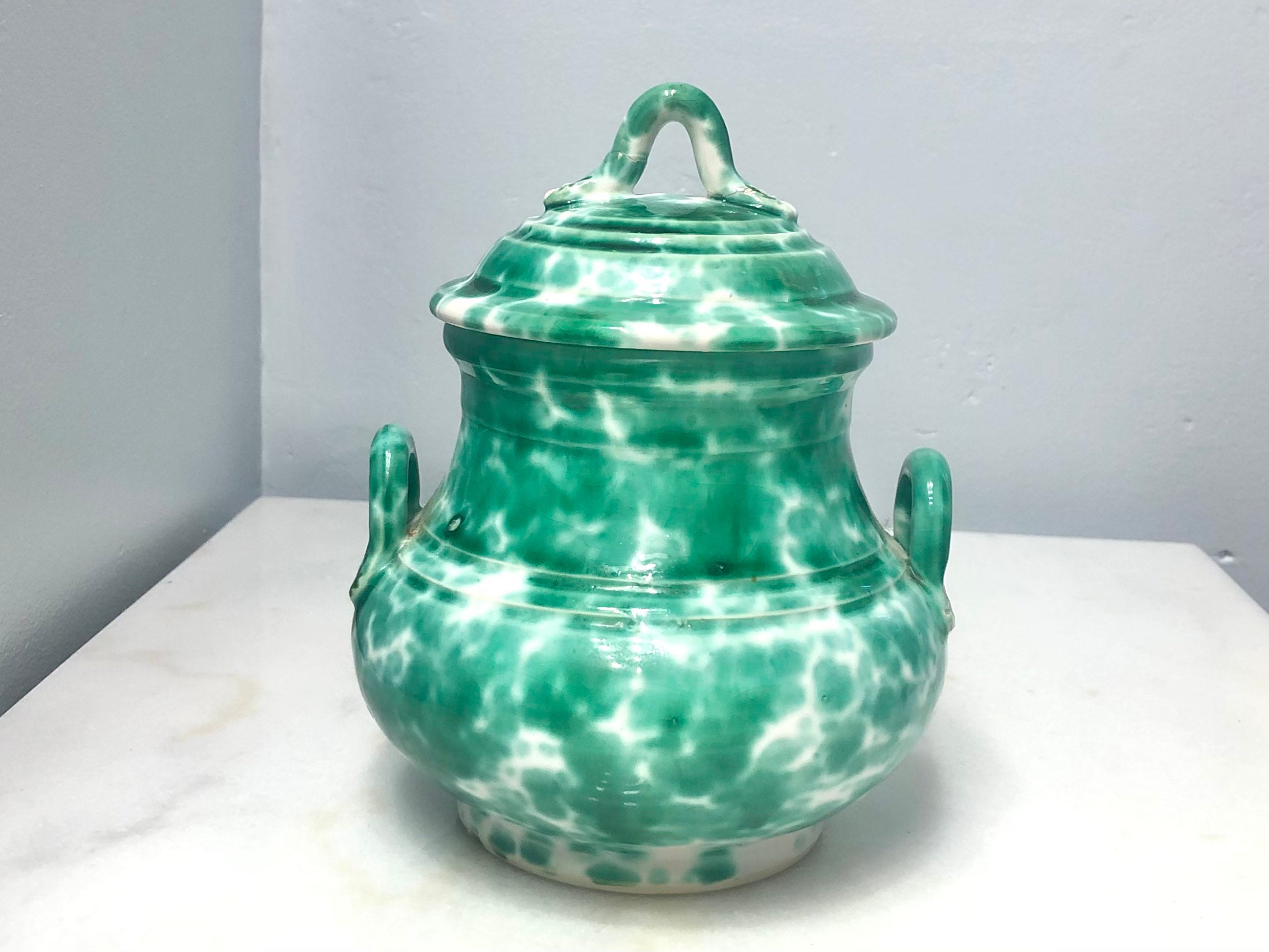 Antique Green Spongeware Ceramic Pottery Jar Lid Sugar Dish Etsy