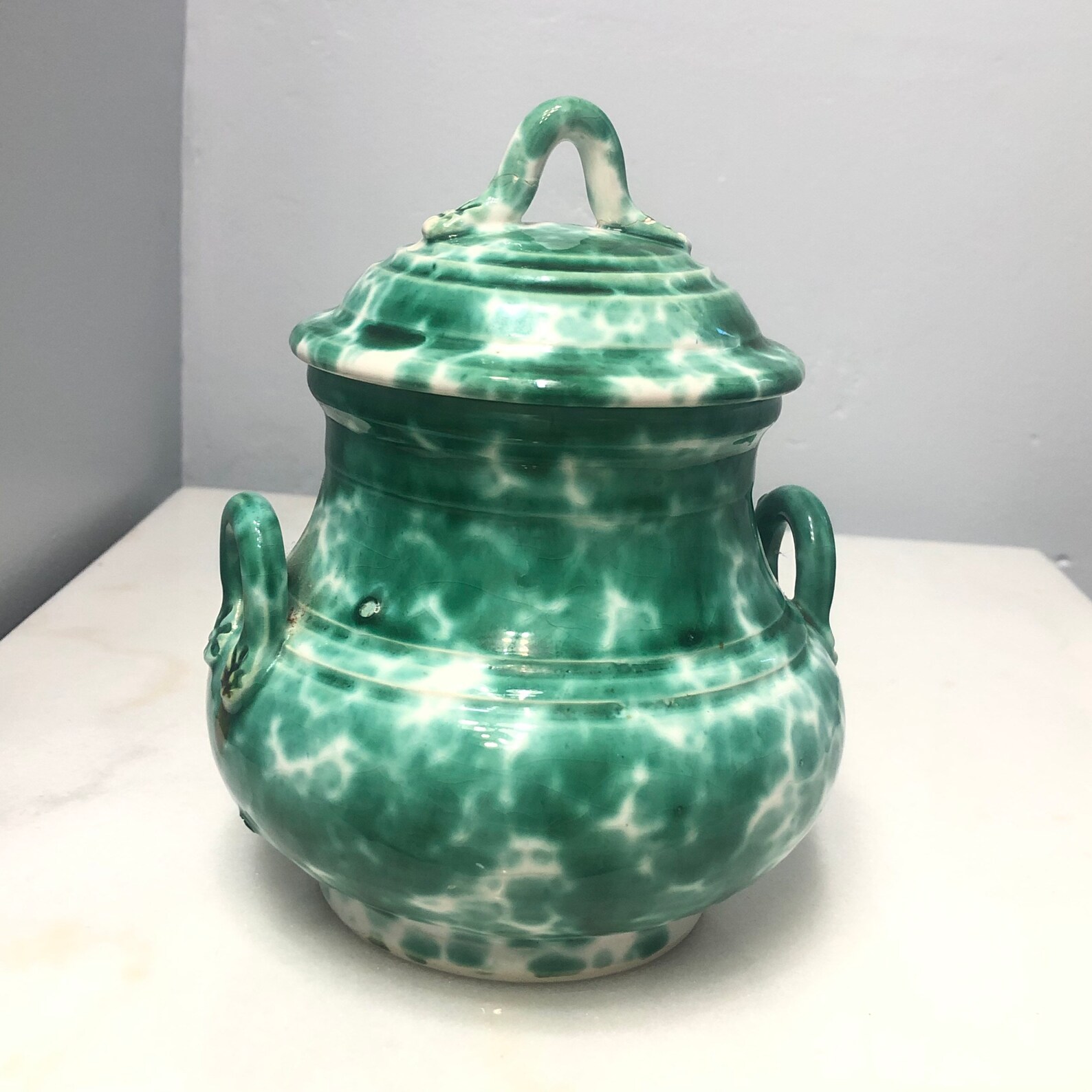 Antique Green Spongeware Ceramic Pottery Jar Lid Sugar Dish Etsy