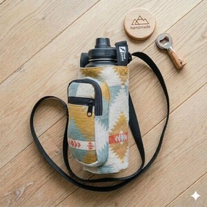 May include: A black water bottle in a patterned holder with a small zipped pocket and a black strap. A wooden bottle opener and a wooden coaster with the word "handmade" are also visible.