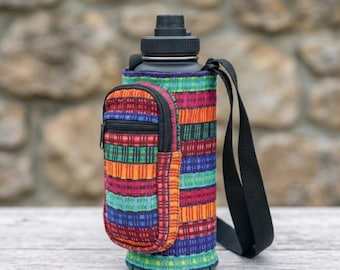 Handwoven Water Bottle Sling - The Samba Crossbody Dog Walking Bag w/ Phone Pocket - Fits 32oz 40oz Hydro Flask - Guatemalan Artisan Sling