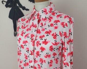 Vintage 1970's Pink Floral Dress / 70s Polyester Day Dress M