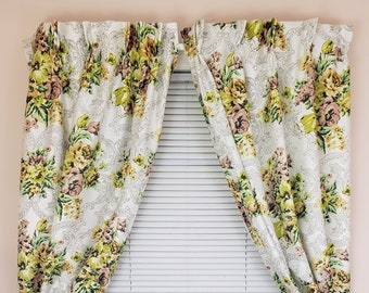 Vintage 1950's Pinch Pleat Curtains / 60s Yellow Floral Print Fiberglass Drapes / 2 Panels