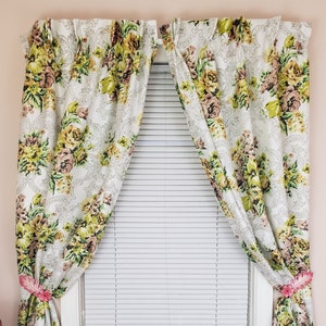 Vintage 1950's Pinch Pleat Curtains / 60s Yellow Floral Print Fiberglass Drapes / 2 Panels