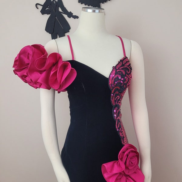Vintage 1980's Hot Pink Sequin Cocktail Dress / 80s Puff Sleeve Velvet Formal Dress S