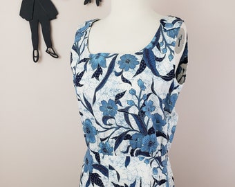 Vintage 1950's Blue and White Floral Dress / 60s Cotton Day Dress M/L