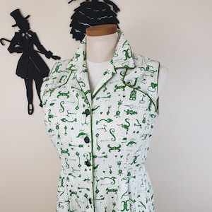 Vintage 1950's Cotton Shirt Waist Dress / 60s Novelty Print Day Dress XL image 1