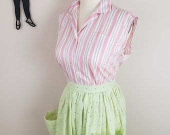 Vintage 1950's Chartreuse Skirt / 60s Cotton Polka Dot Skirt S