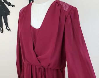 Vintage 1980's Draped Dress / 80s Burgundy Dress XL