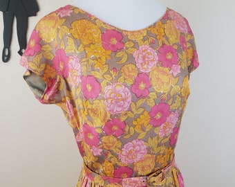 Vintage 1950's Floral Dress / 60s Cocktail Dress M/L