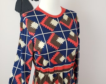 Vintage 1960's Mod Geometric Dress / 70s Polyester Shift Day Dress M