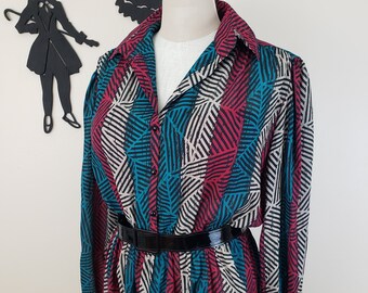 Vintage 1980's Miss Magnin Day Dress  / 80s Striped Dress L