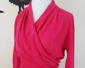 Vintage 1980's Hot Pink Cocktail Dress / 80s Magenta Silk Formal Dress XS