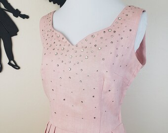 Vintage 1950's Blush Linen Dress / 50s Rhinestone Pink Day Dress S/M