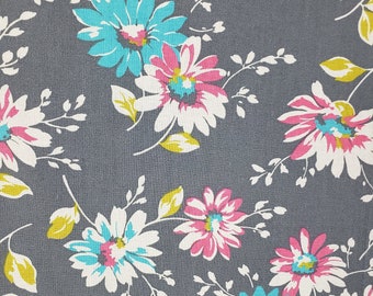 Vintage Inspired Floral Fabric / Gray, Pink, and Blue Daisy Fabric