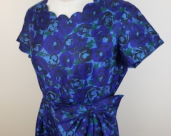 Vintage 1950's Cocktail Dress / 50s Silk Floral Print Dress M/L