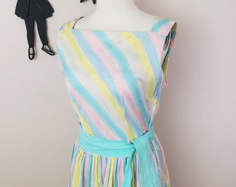 Vintage 1950's Rainbow Day Dress / 60s Pastel Stripe Dress Dress S/m