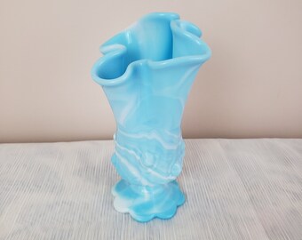 Vintage Fenton Blue Marble Vase /Cabbage Rose Handkerchief Akro Agate