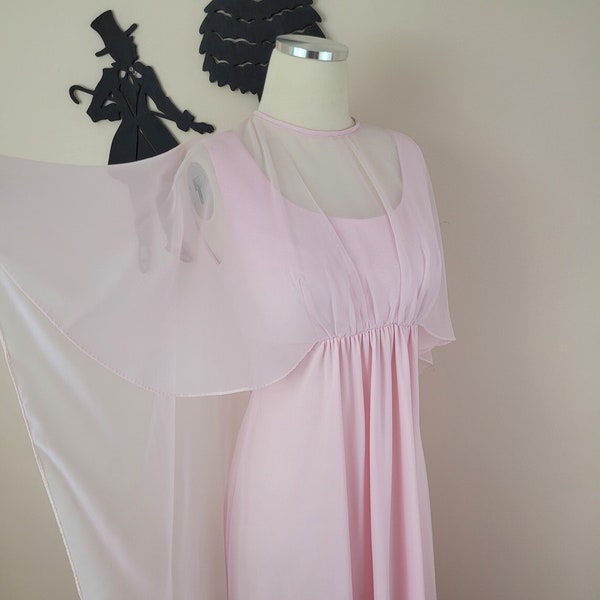 Vintage 1970's Pink Floral Maxi Dress / 70s Prom Formal Polyester Dress XS/S