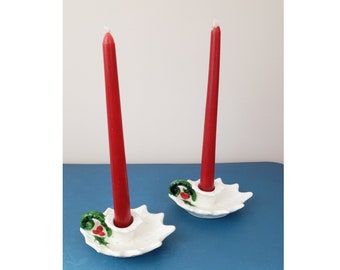 Vintage 1960's Vintage Holly Candle Stick Holders / 70s Kitchy Christmas Holiday Decor