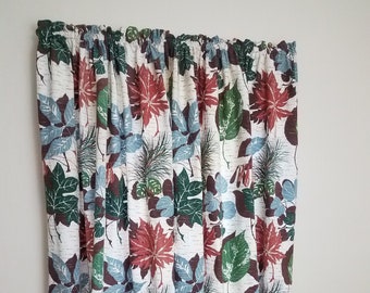 Vintage 1950's Barkcloth Curtains / 60s Novelty Leaf Print Drapes/ 6 Individual Panels