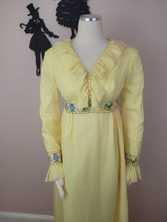 Vintage 1960's Yellow Embroidered Maxi Dress / 70… - image 2