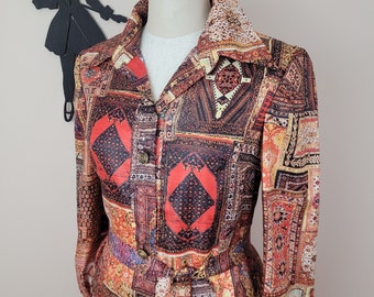 Vintage 1970's Shift Dress / 70s Carpet Photo Print Dress M