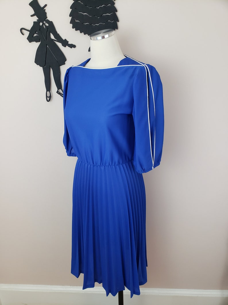 Vintage 1980's Blue Dress / 80s Day Dress S image 9