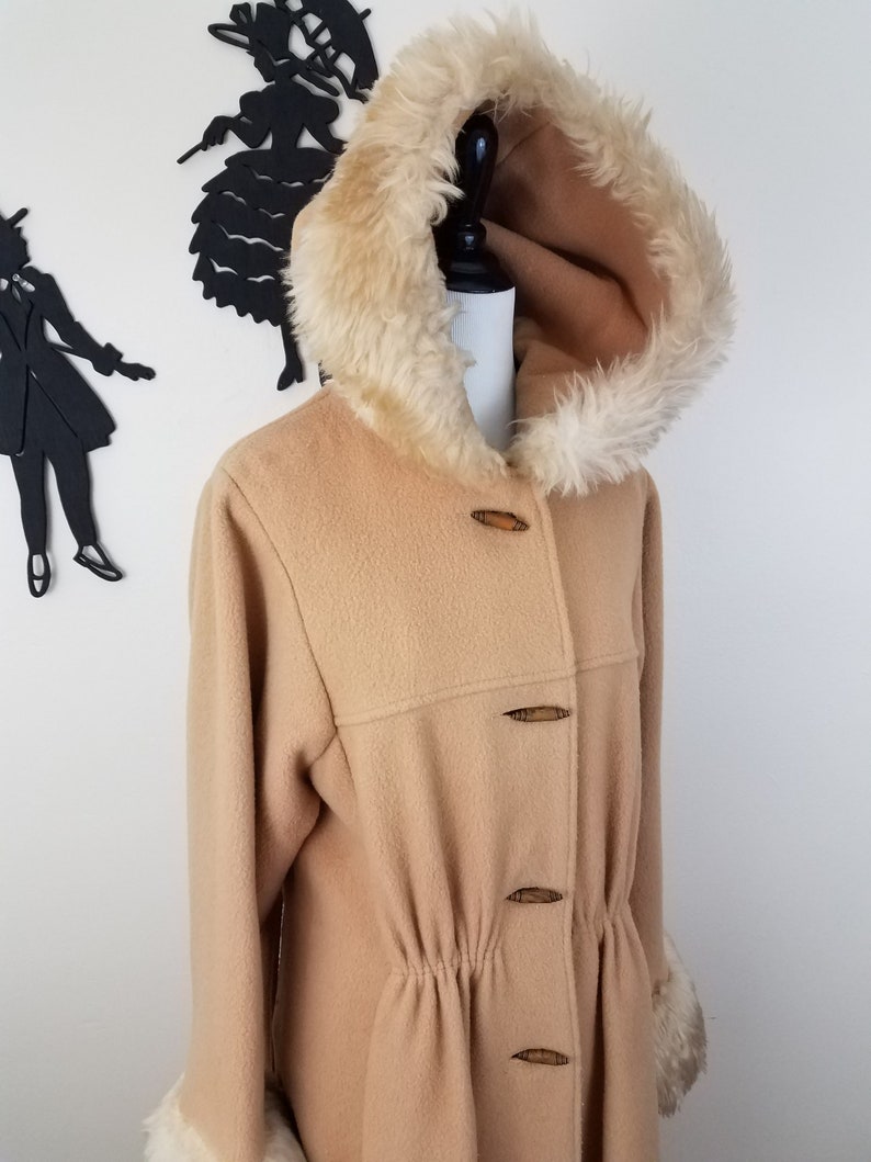 Vintage 1970's Faux Fur Coat / 70s Hooded Jacket M zdjęcie 3