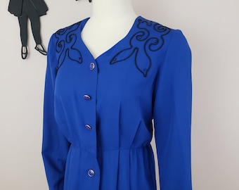 Vintage 1980's Blue Day Dress / 80s Rayon Secretary Dress