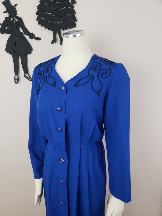 Vintage 1980's Blue Day Dress / 80s Rayon Secretar