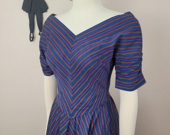 Vintage 1940's Blue Stripe Dress / 50s Cotton Day Sundress S