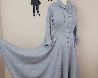 Vintage 1940's Full Skirt Day Dress / 50s Peter Pan Collar Gray Fleck Dress S