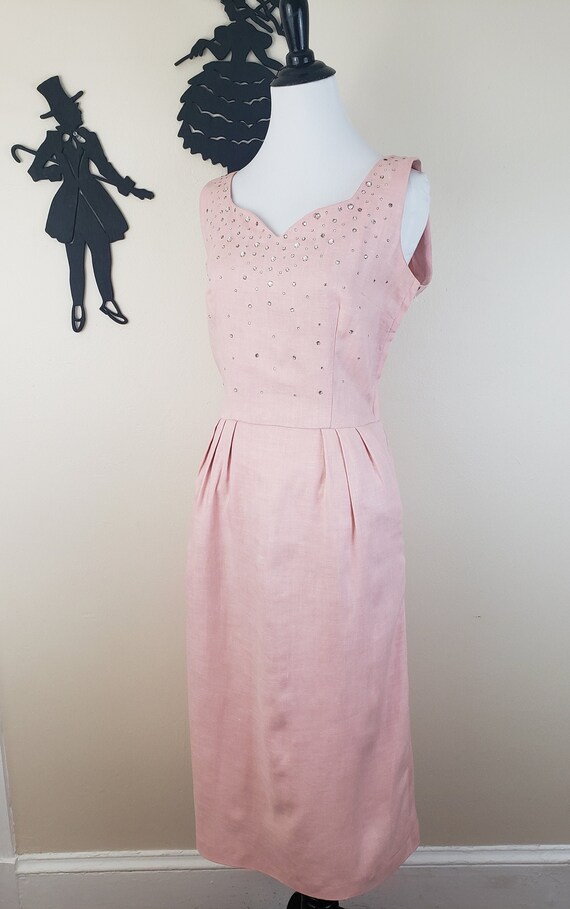 Vintage 1950's Blush Linen Dress / 50s Rhinestone… - image 2