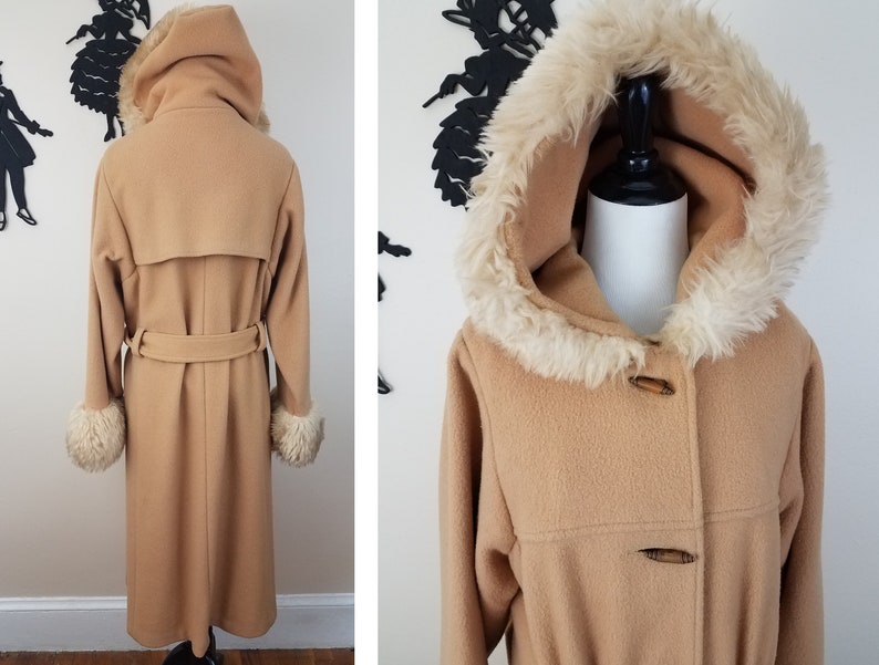 Vintage 1970's Faux Fur Coat / 70s Hooded Jacket M afbeelding 5