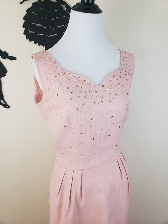 Vintage 1950's Blush Linen Dress / 50s Rhinestone… - image 5