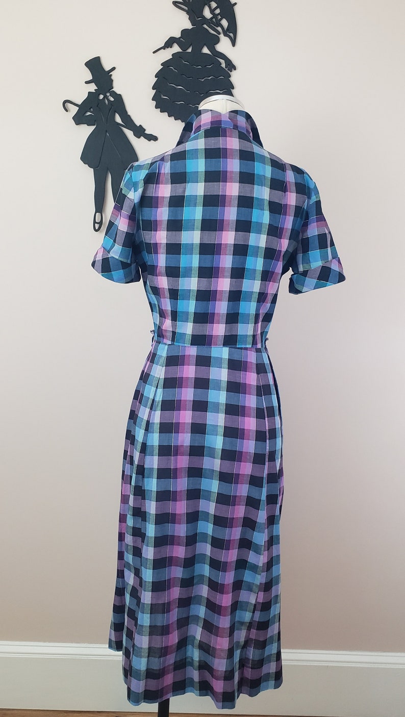 Vintage 1950's Rainbow Plaid Dress / 50s Cotton Day Dress M image 8