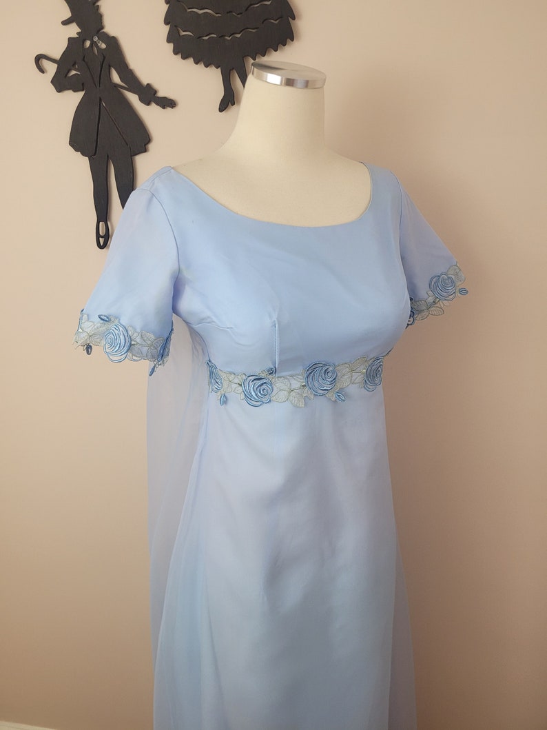 Vintage 1960's Blue Embroidered Maxi Dress / 70s Prom Formal Dress S image 3