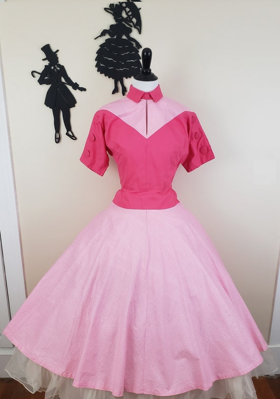 Vintage 1940's Western Dress / 40s Hot Pink Gingh… - image 2