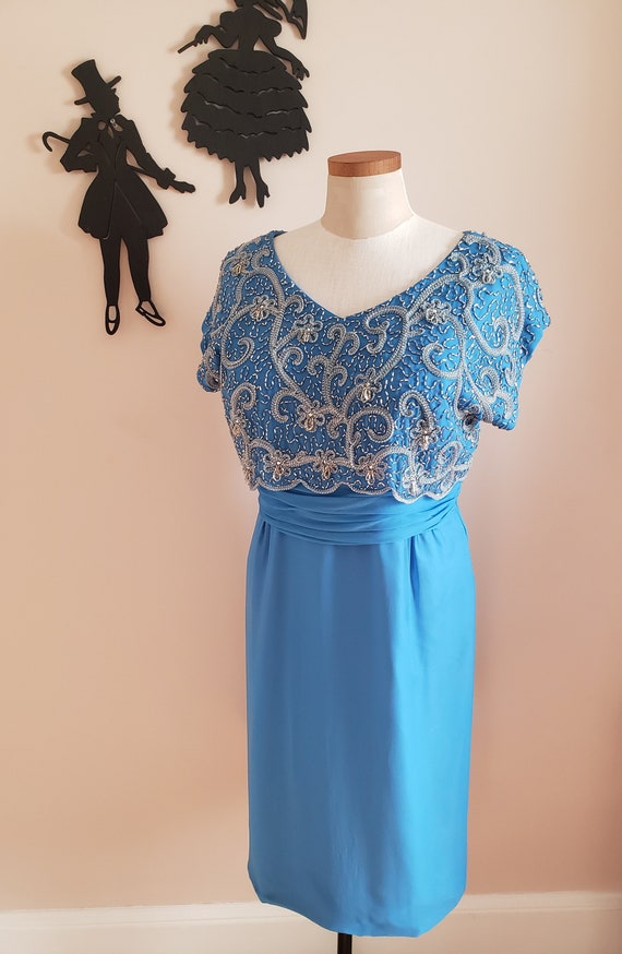 Vintage 1950's Beaded Cocktail Dress / 60s Blue F… - image 5