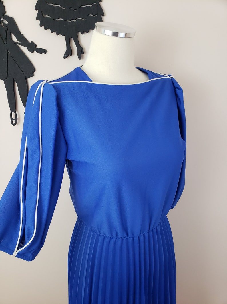Vintage 1980's Blue Dress / 80s Day Dress S image 4