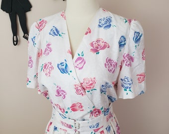 Vintage 1980's Rose Print Dress / 80s Floral Day Dress M/L