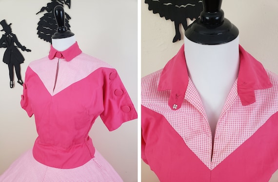 Vintage 1940's Western Dress / 40s Hot Pink Gingh… - image 4