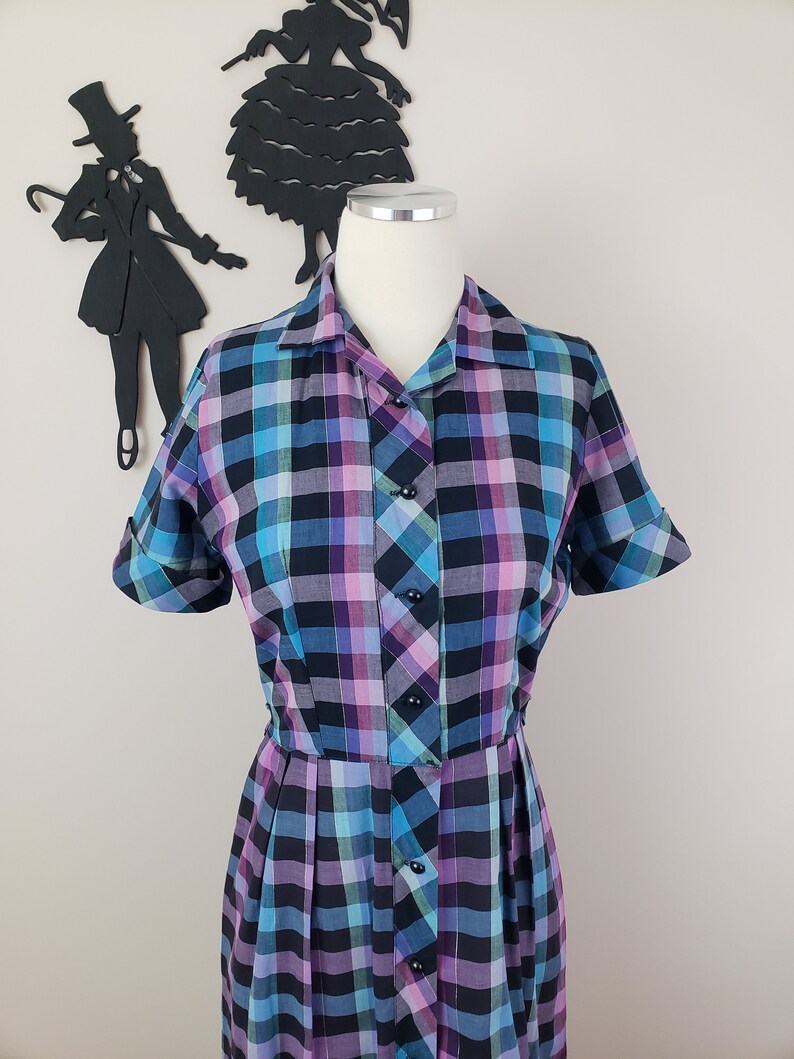 Vintage 1950's Rainbow Plaid Dress / 50s Cotton Day Dress M image 3