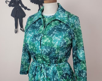 Vintage 1960's Green 2 Piece Set / 70s Polyester Dress and Jacket L/XL