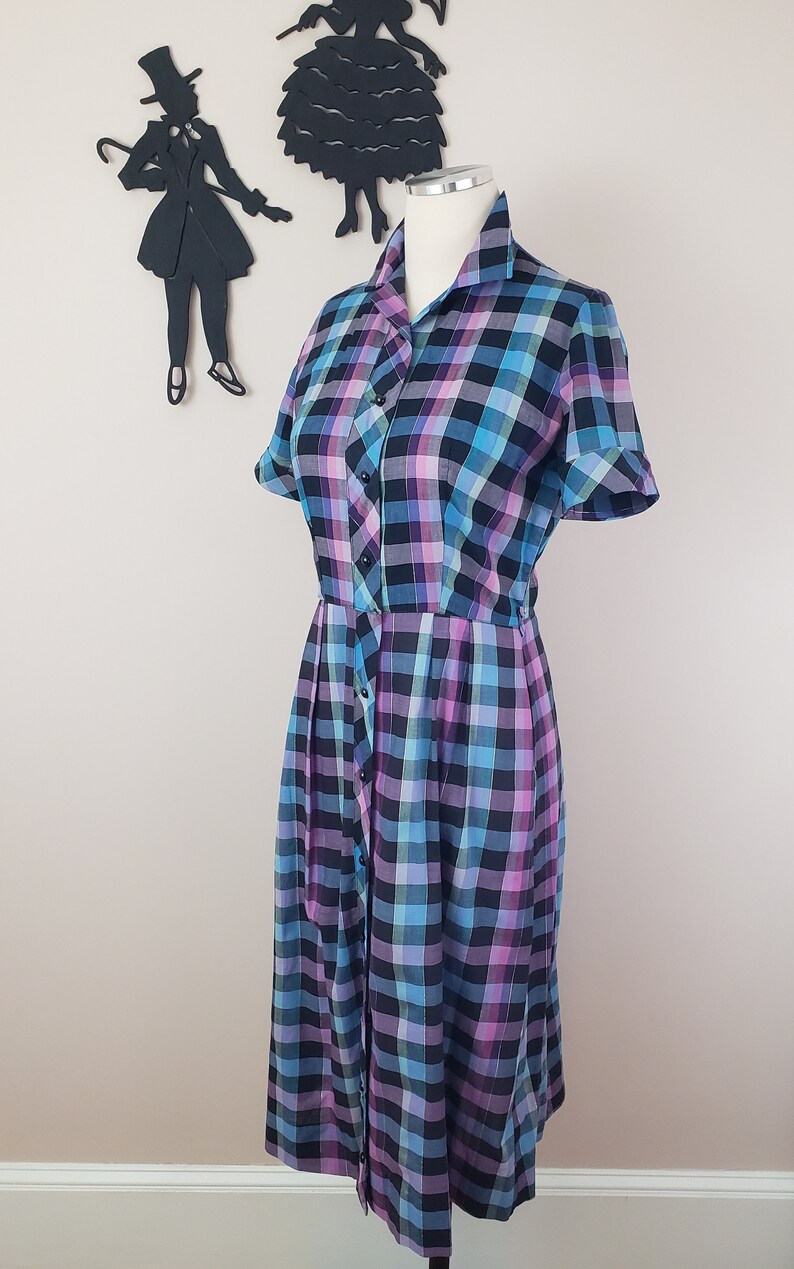 Vintage 1950's Rainbow Plaid Dress / 50s Cotton Day Dress M image 6