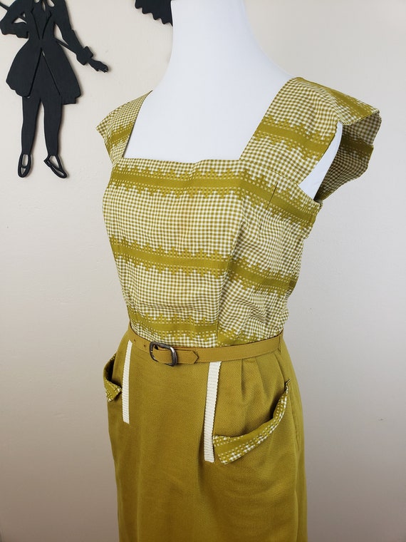 Vintage 1940's Mustard Day Dress / 40s Gingham 3 P