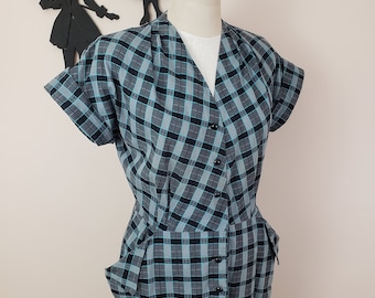 Vintage 1950's Shirt Waist Dress / 50s Plaid Check Day Dress L